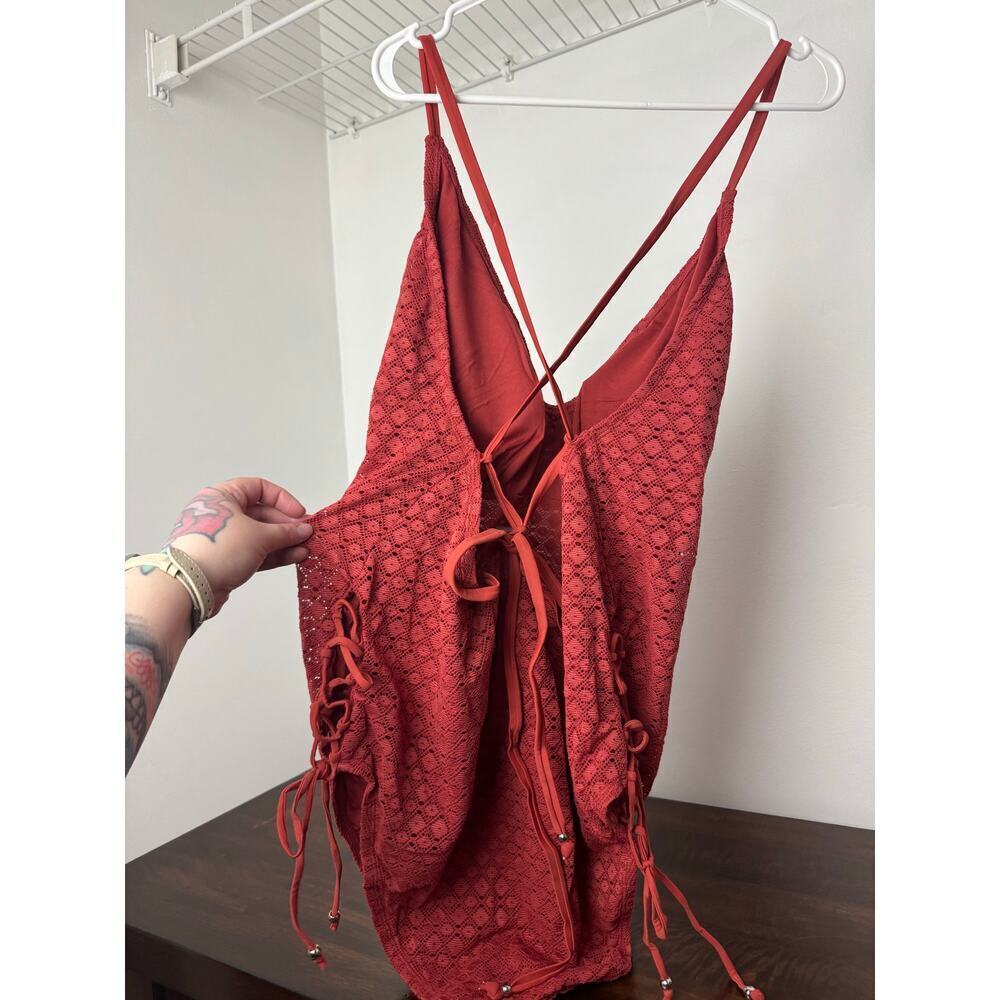 Crochet & Side Lace-Up One Piece Swimsuit Rust Color 2X (FTF) - Picture 6 of 8